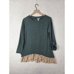 Logo Lori Goldstein Tunic Top S Oversized Lace Hem Roll Tab Sleeve Casual Layers